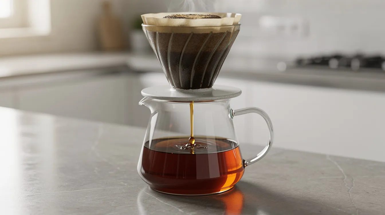 A pour over coffee dripper sits on a kitchen counter, with rich, dark coffee flowing into a glass server below, showcasing the brewing method favored by many coffee lovers for its ability to highlight the nuanced flavors of freshly roasted arabica coffee beans. The scene captures the essence of a morning cup, perfect for those who enjoy drinking coffee black and appreciate the smooth taste of a medium roast.