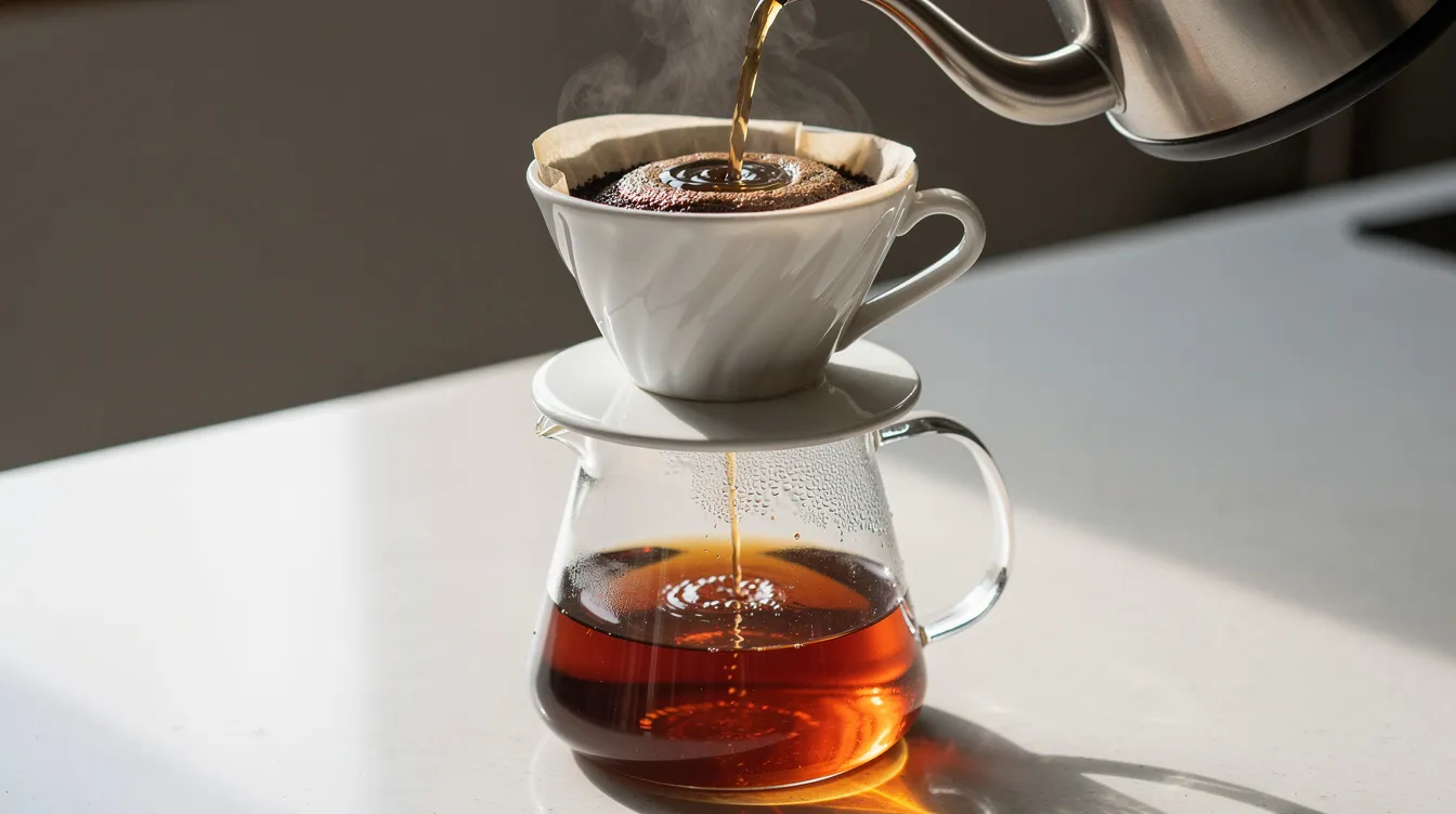 The image shows a ceramic pour-over dripper placed atop a glass carafe, with hot water being poured in a circular motion over freshly ground coffee. This brewing method highlights the rich flavors and aromatic notes of Guatemalan coffee, known for its chocolate and caramel notes, as well as its vibrant acidity.