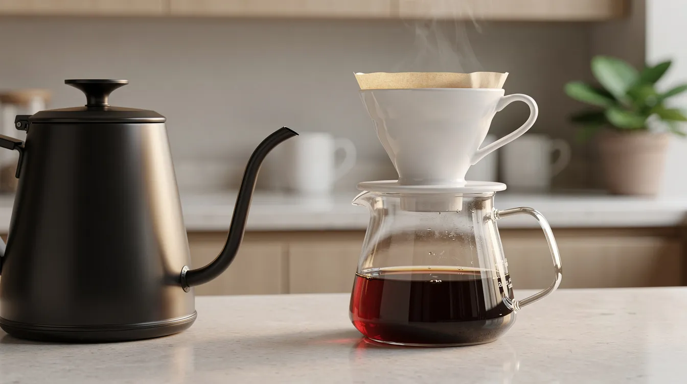 The image features a pour-over coffee setup on a kitchen counter, showcasing a gooseneck kettle and a ceramic dripper, perfect for coffee lovers seeking to brew freshly roasted coffee. This setup highlights the art of making a great coffee drink, emphasizing the specialty coffee experience.