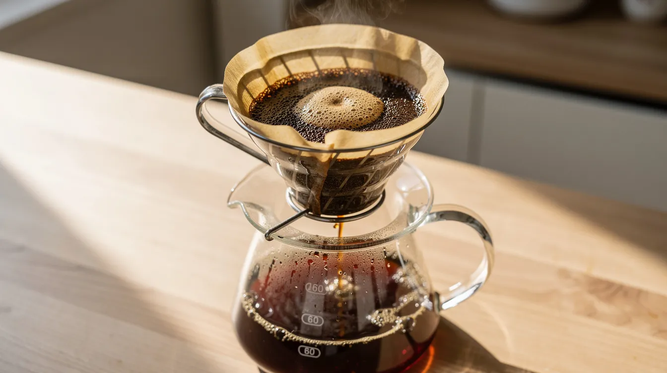 An overhead photograph showcases a Hario V60 dripper positioned on a glass server, with freshly brewed coffee dripping through, highlighting the pour over brewing method. This image emphasizes the importance of grind size and consistency for coffee enthusiasts seeking the best grind quality for their favorite brewing styles.