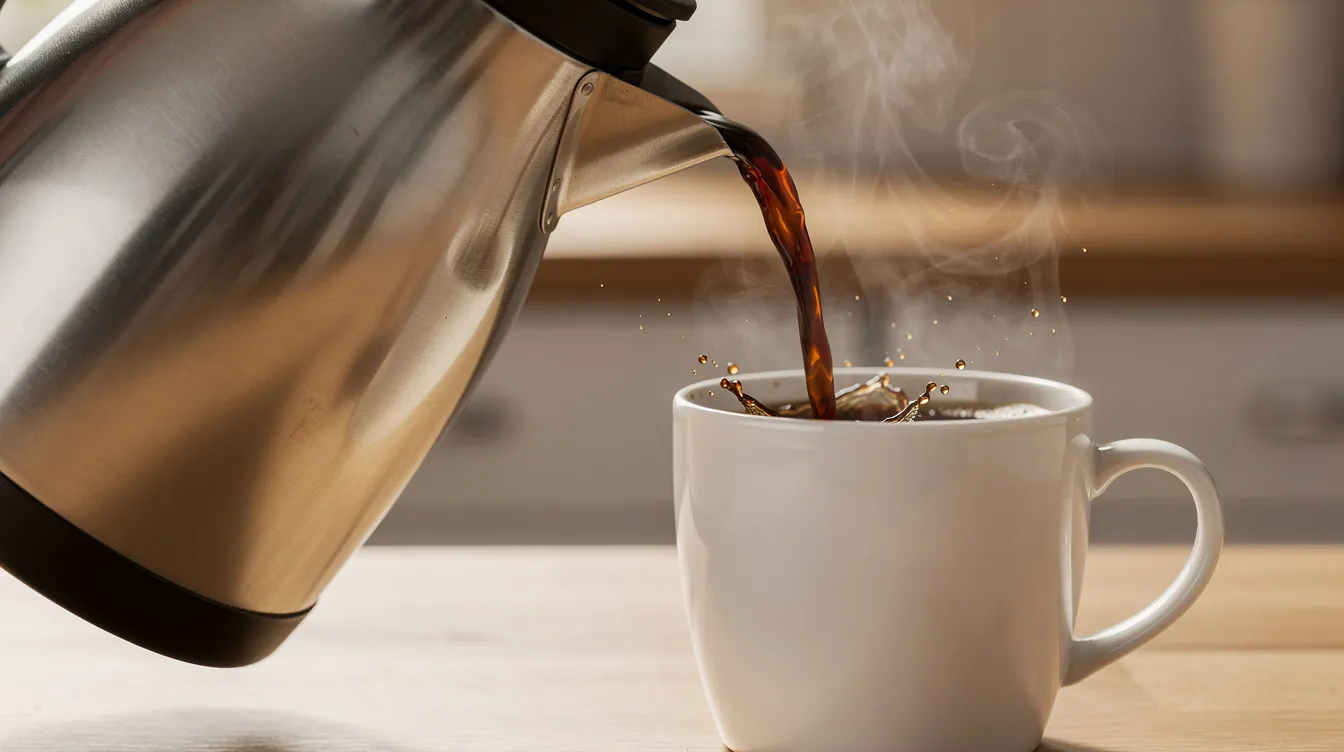 A close-up image shows freshly brewed coffee being poured from a sleek stainless steel thermal carafe into a simple white ceramic mug, capturing the rich color and steam rising from the hot drink, perfect for an afternoon pick-me-up. The scene highlights the convenience of using a stylish coffee maker to enjoy a smooth cup of coffee.