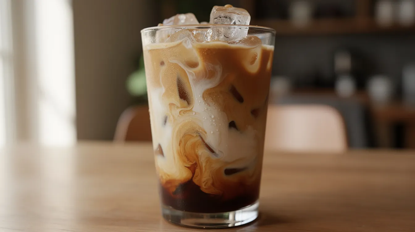 A close-up image of a tall glass filled with an iced latte, showcasing the creamy milk swirling through rich espresso and ice cubes, creating a refreshing coffee drink perfect for warm days. The drink features a velvety texture and is topped with a thin layer of milk foam, making it an ideal choice for coffee lovers seeking a cold brew experience.