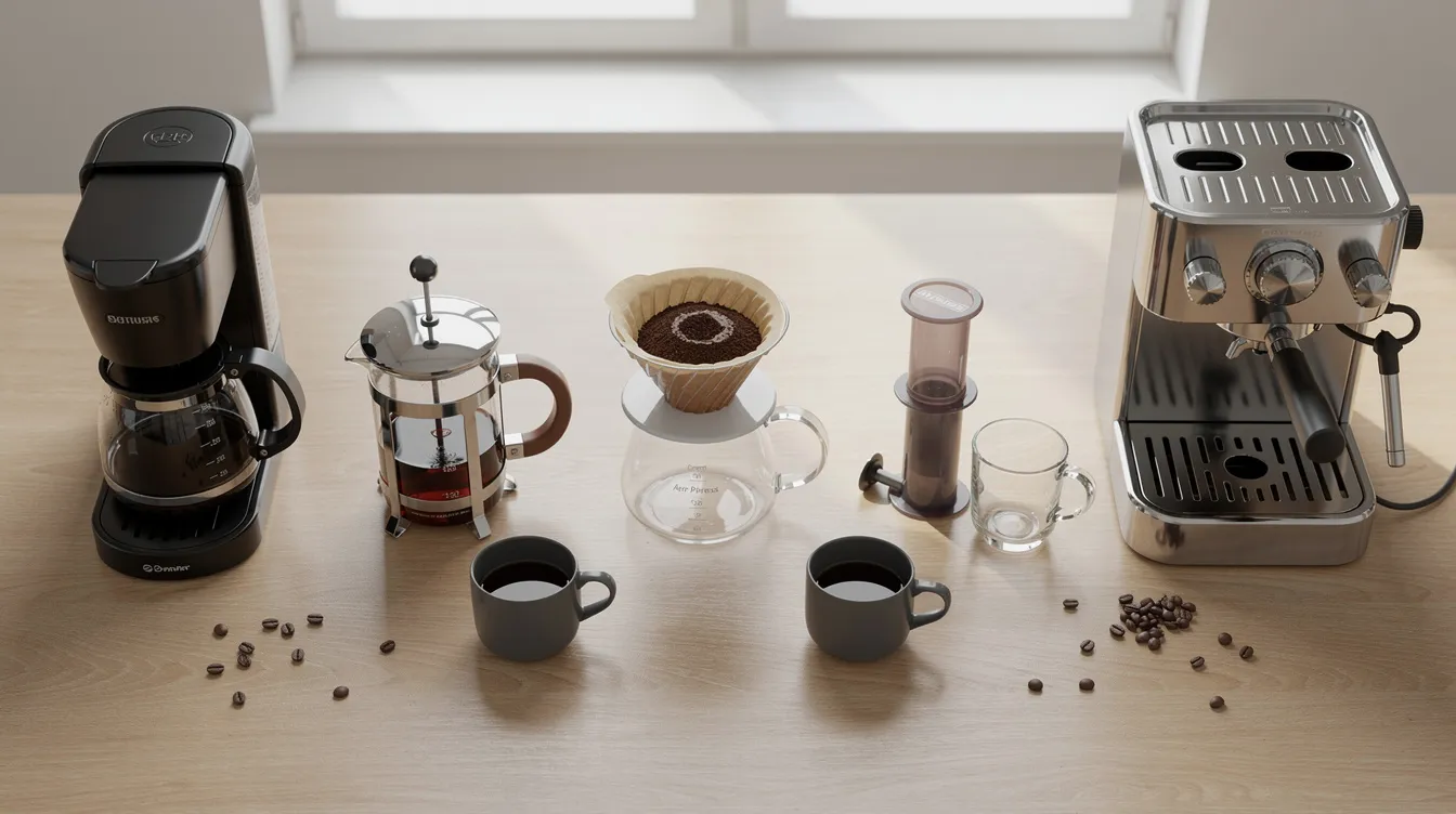 An overhead view of a kitchen counter showcases a variety of coffee brewers, including a drip coffee maker, French press, pour-over cone, AeroPress, and an espresso machine, all neatly arranged in a row. This display highlights the diverse options available for coffee drinkers looking to enjoy freshly brewed coffee at home.