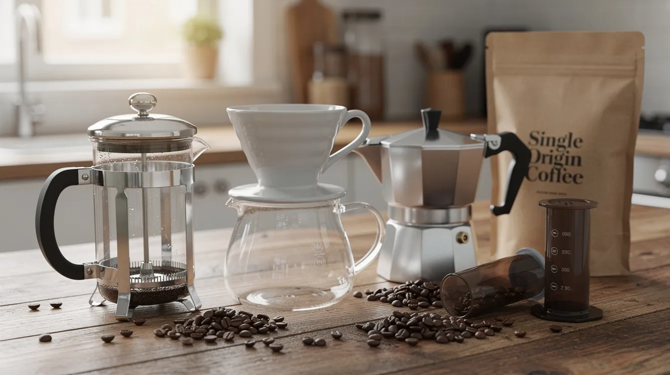The image features various manual coffee brewers, including a French press, pour-over dripper, moka pot, and AeroPress, neatly arranged on a wooden kitchen counter alongside a bag of whole coffee beans, showcasing different coffee brewing methods for enthusiasts. Each brewer is designed for a unique brewing process, emphasizing the art of manual coffee brewing.