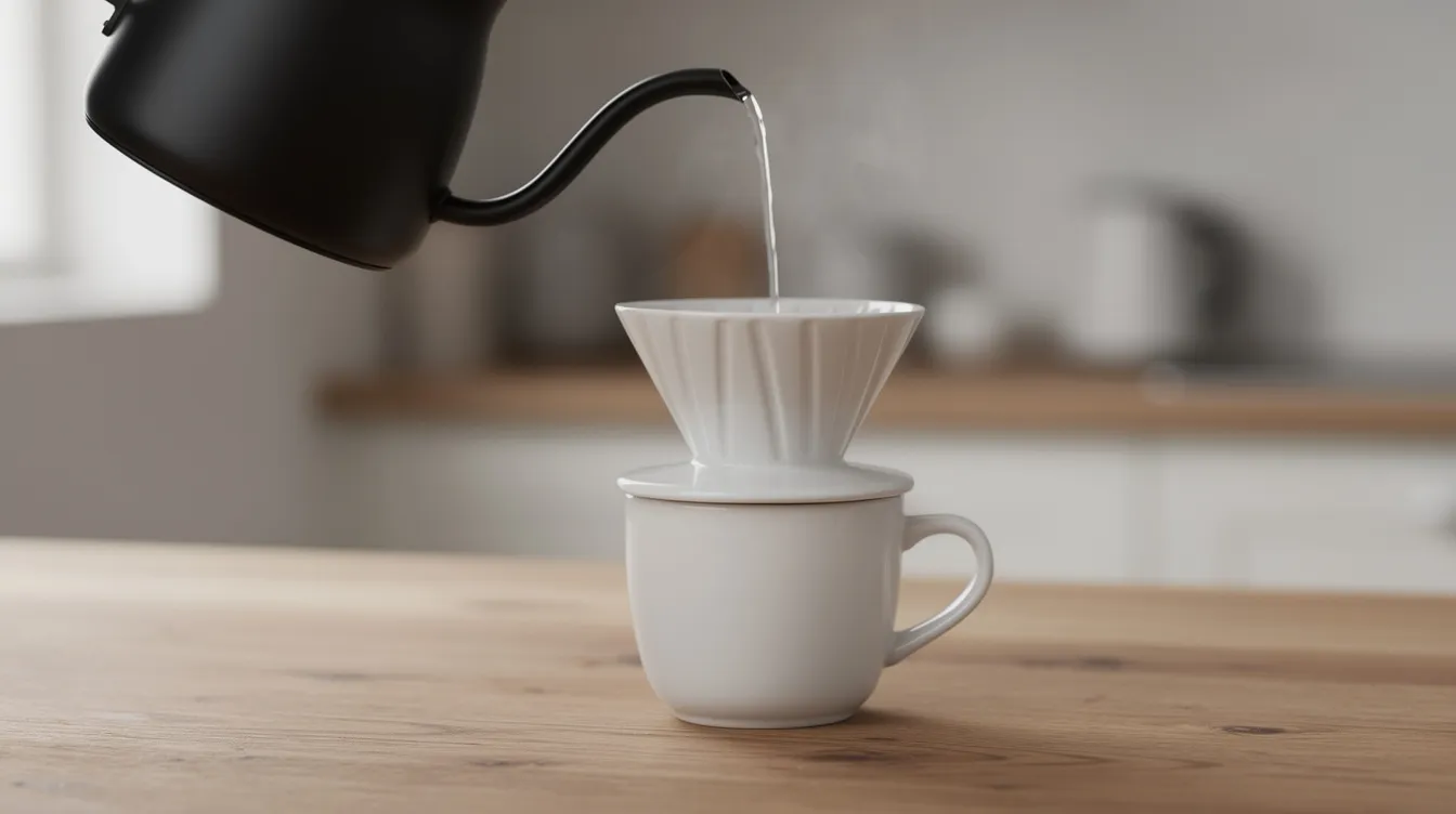 A matte black gooseneck kettle is elegantly pouring a thin stream of hot water over a ceramic pour-over dripper, positioned on a wooden counter, highlighting the precision and control essential for coffee lovers and home baristas. The scene captures the essence of the brewing process, showcasing essential coffee gear for creating the perfect shot.