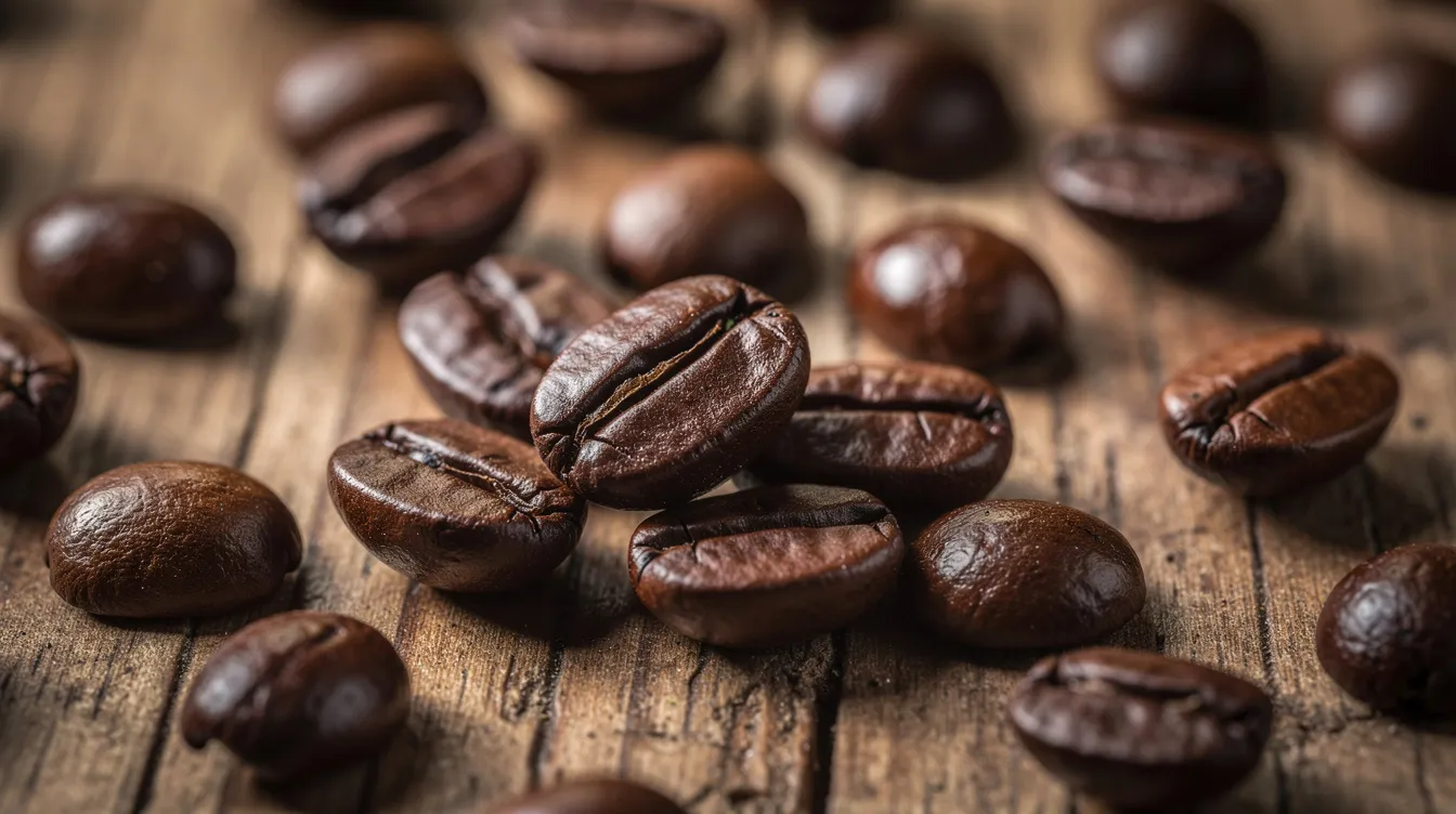 A close-up view of whole dark roasted coffee beans scattered across a rustic wooden surface, showcasing the rich, earthy tones and bold flavor profile typical of Sumatra coffee. The deep brown beans hint at the intense sweet tones and full-bodied taste that coffee lovers seek in high-quality Indonesian coffee.
