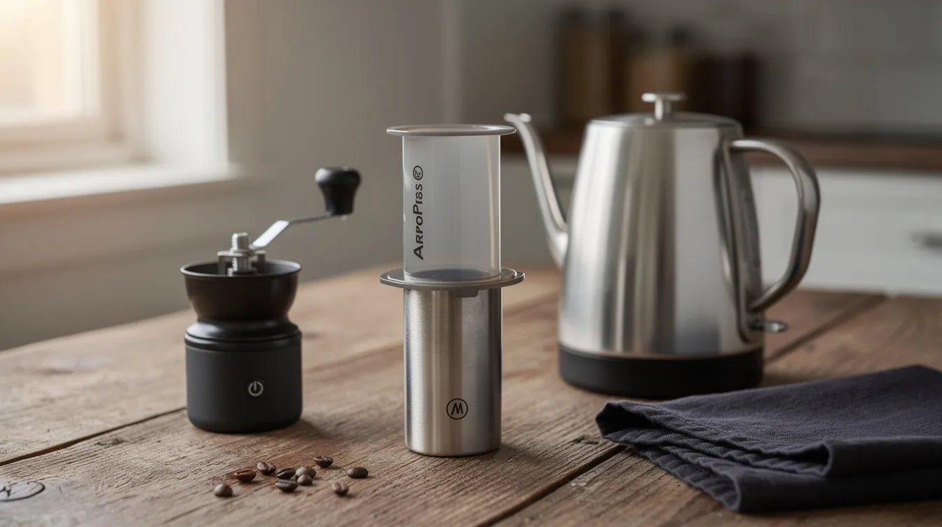 The image features a compact travel coffee setup on a wooden table, including an AeroPress, a small hand grinder for a fine grind, and an electric kettle, all arranged neatly for brewing fresh coffee. This portable arrangement is perfect for coffee lovers seeking a great cup of coffee on the go.