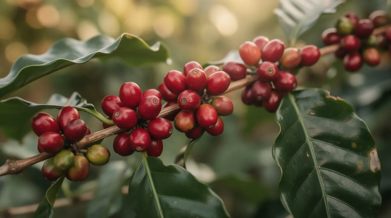 A close-up view captures ripe red coffee cherries clustered on a coffee tree branch, surrounded by vibrant green leaves, illuminated by soft natural light. This image reflects the beauty of coffee cultivation and the origins of coffee, showcasing the fresh berries that will eventually be transformed into high-quality coffee beans.