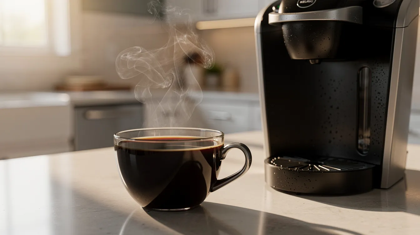 A steaming dark cup of black coffee sits on a kitchen counter beside a Keurig machine, illuminated by soft morning light, perfect for coffee lovers seeking the best K cups to enhance their morning routine. The rich aroma of dark roast fills the air, promising a robust flavor that awakens the taste buds.
