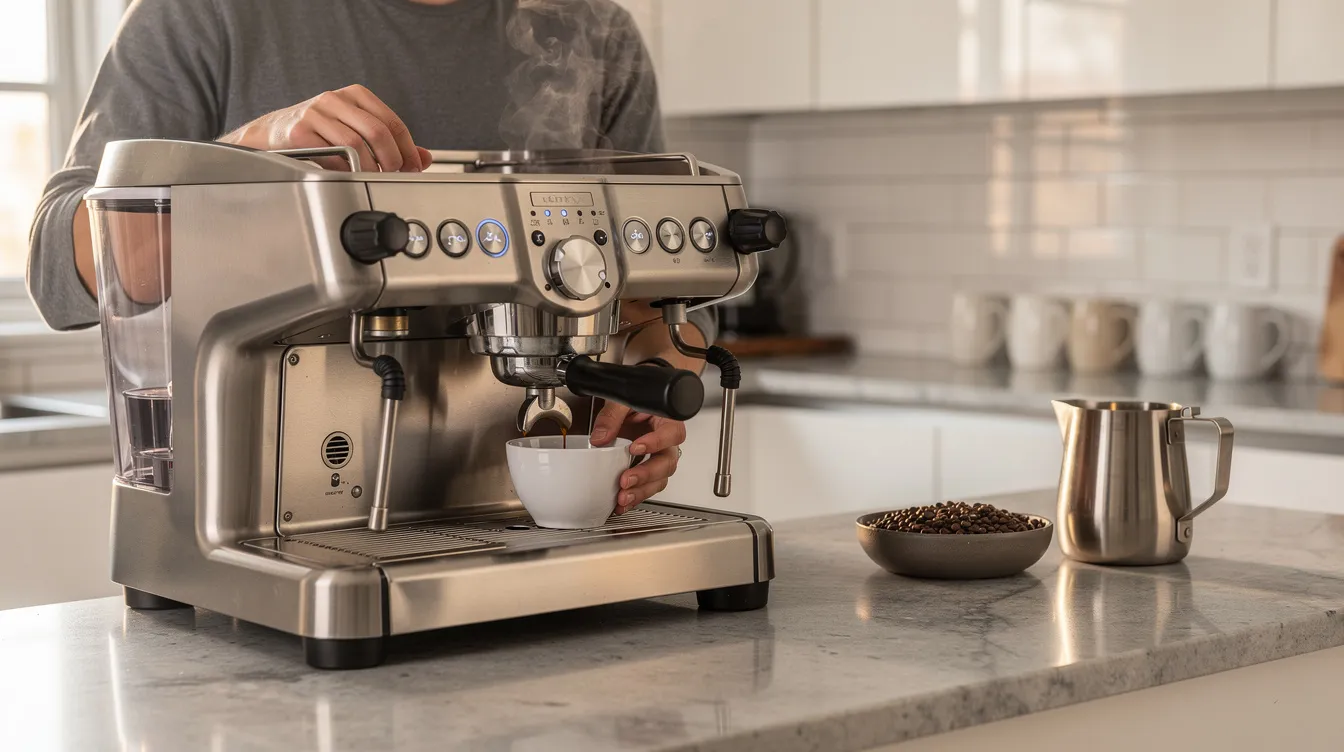 A person is standing in a modern kitchen, preparing a coffee drink using a large countertop espresso machine, showcasing the brewing process with ground coffee and a milk jug nearby. The setup highlights the barista assist technology and features of the ninja luxe café, emphasizing the creation of a well-balanced drip coffee or iced coffee.