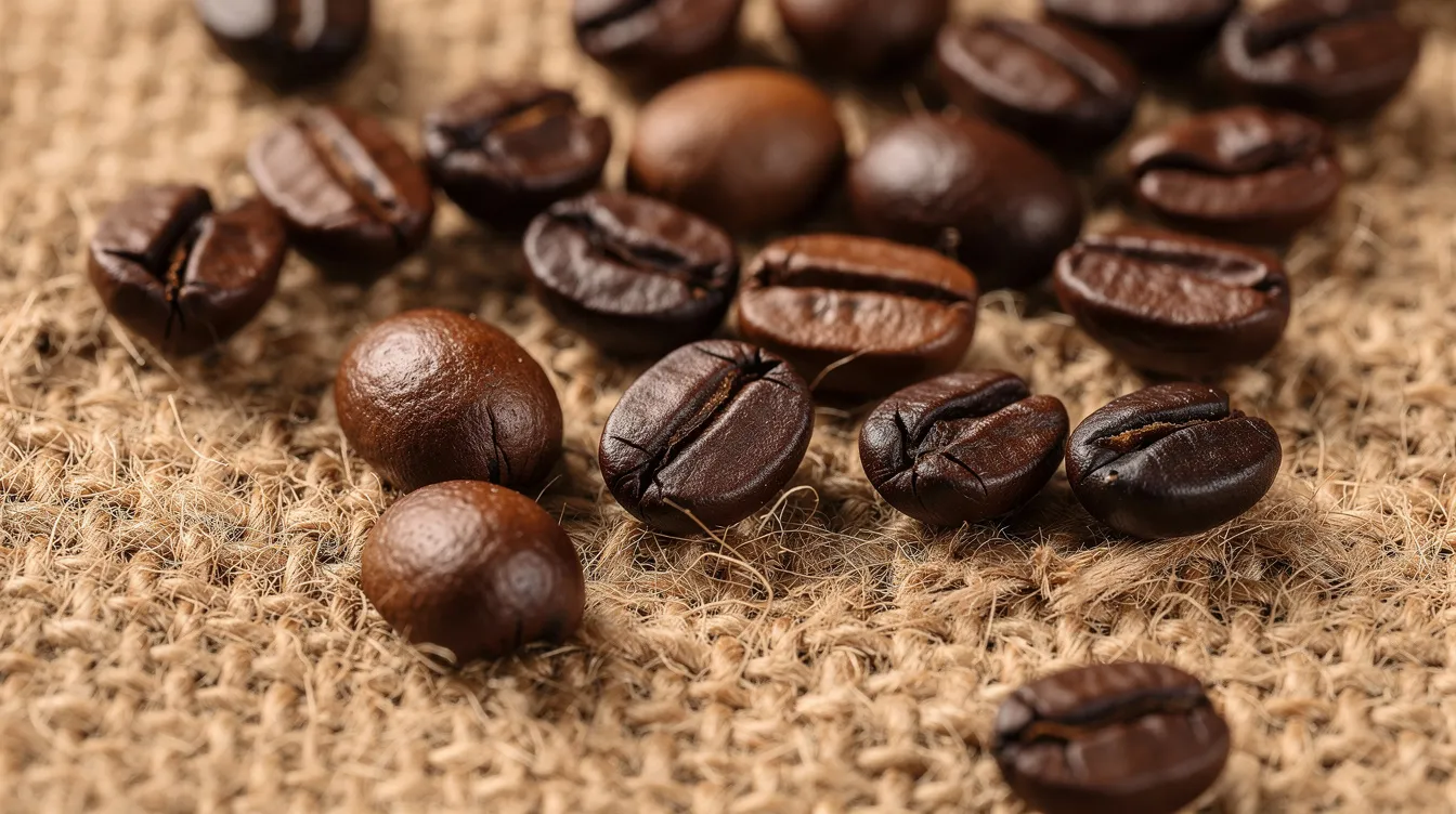 A close-up view of dark roasted coffee beans scattered across a textured burlap cloth, highlighting the rich color and sheen of the beans, which are ideal for those seeking the best decaf coffee experience. The arrangement emphasizes the quality and allure of decaf coffee beans, perfect for coffee drinkers looking for flavorful options.