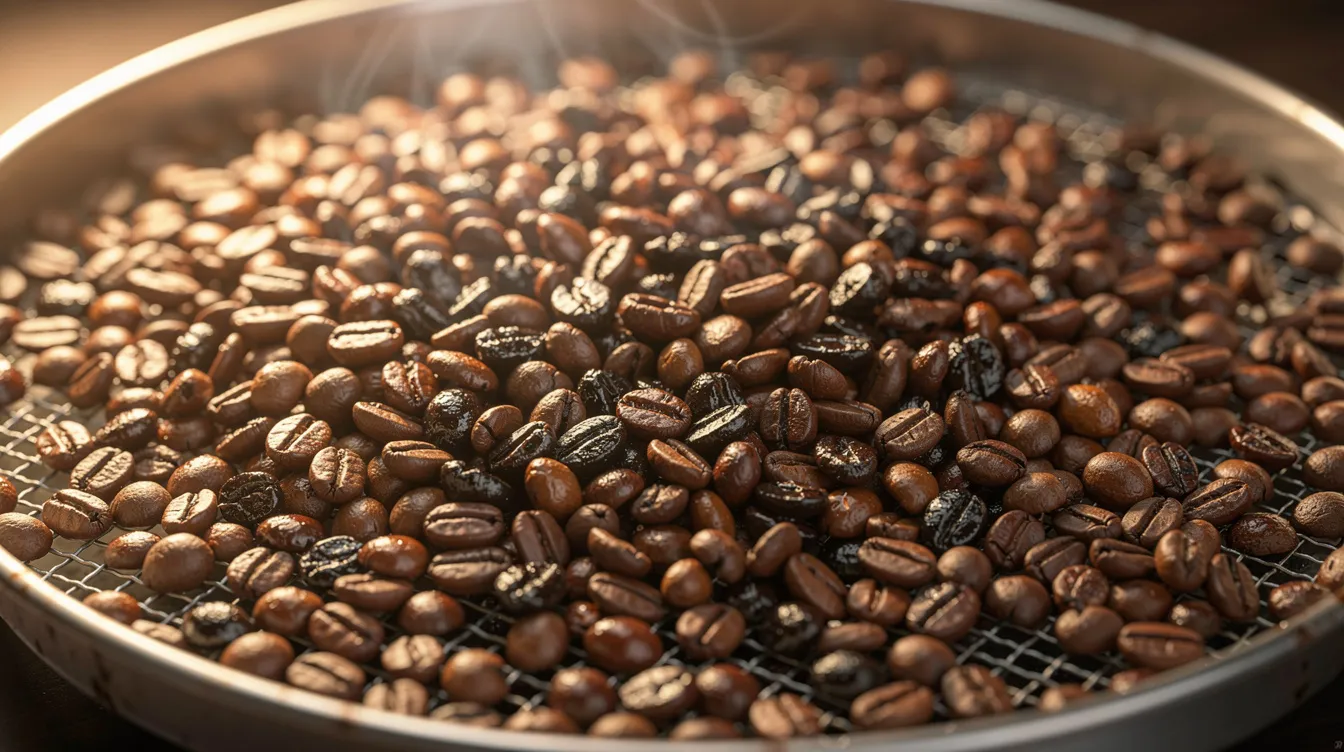 The image shows freshly roasted coffee beans in a variety of shades, ranging from light tan to dark brown, spread across a cooling tray, highlighting the different roast levels that contribute to the complex flavors of coffee. This visual captures the essence of coffee brewing, appealing to coffee enthusiasts eager to explore various brewing methods.