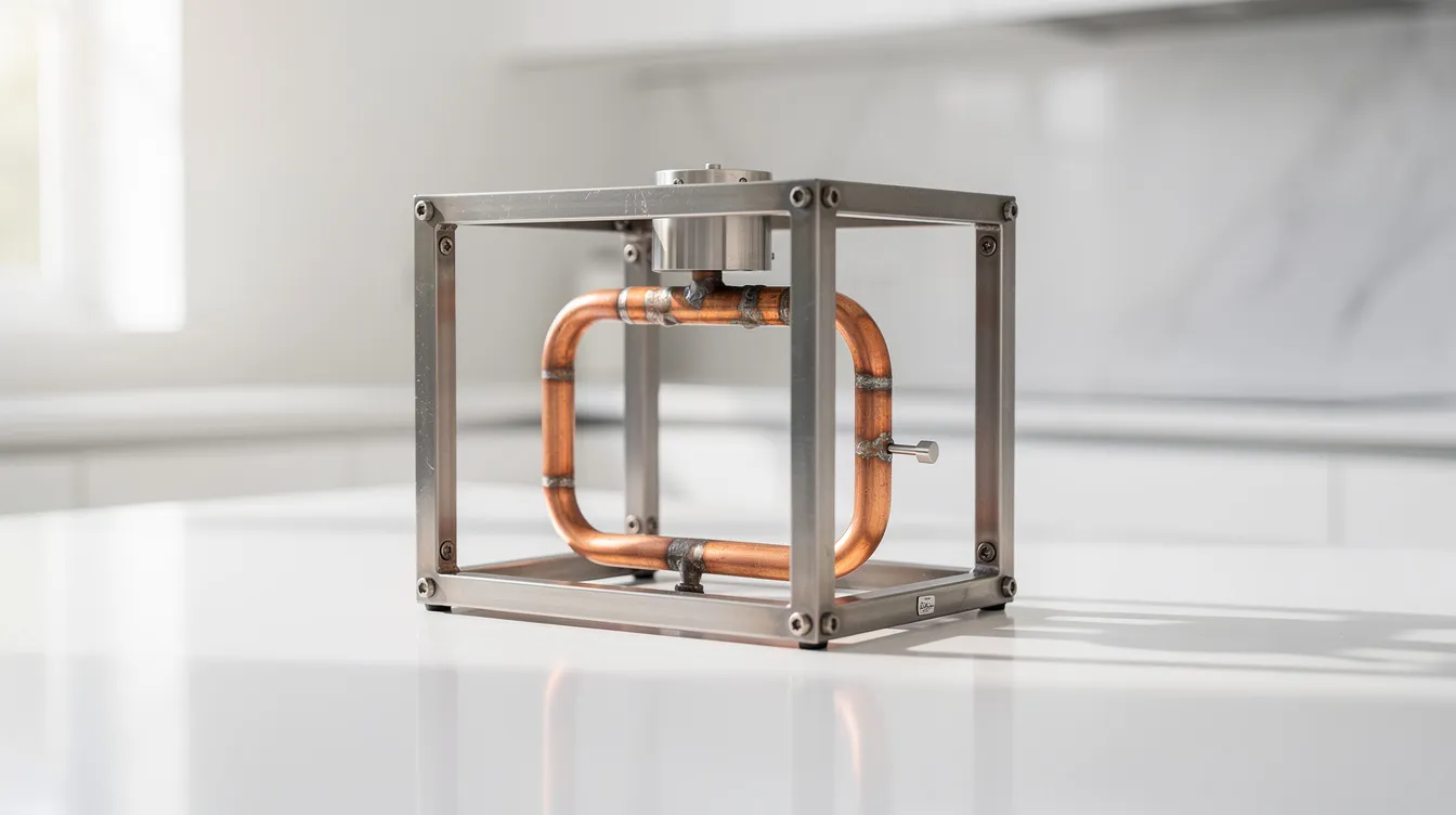 The image features a hand-built metal-framed coffee maker with a visible copper element, elegantly placed on a clean white countertop, showcasing its unique design and craftsmanship. This coffee brewer is perfect for creating delicious coffee, highlighting the art of brewing with style.