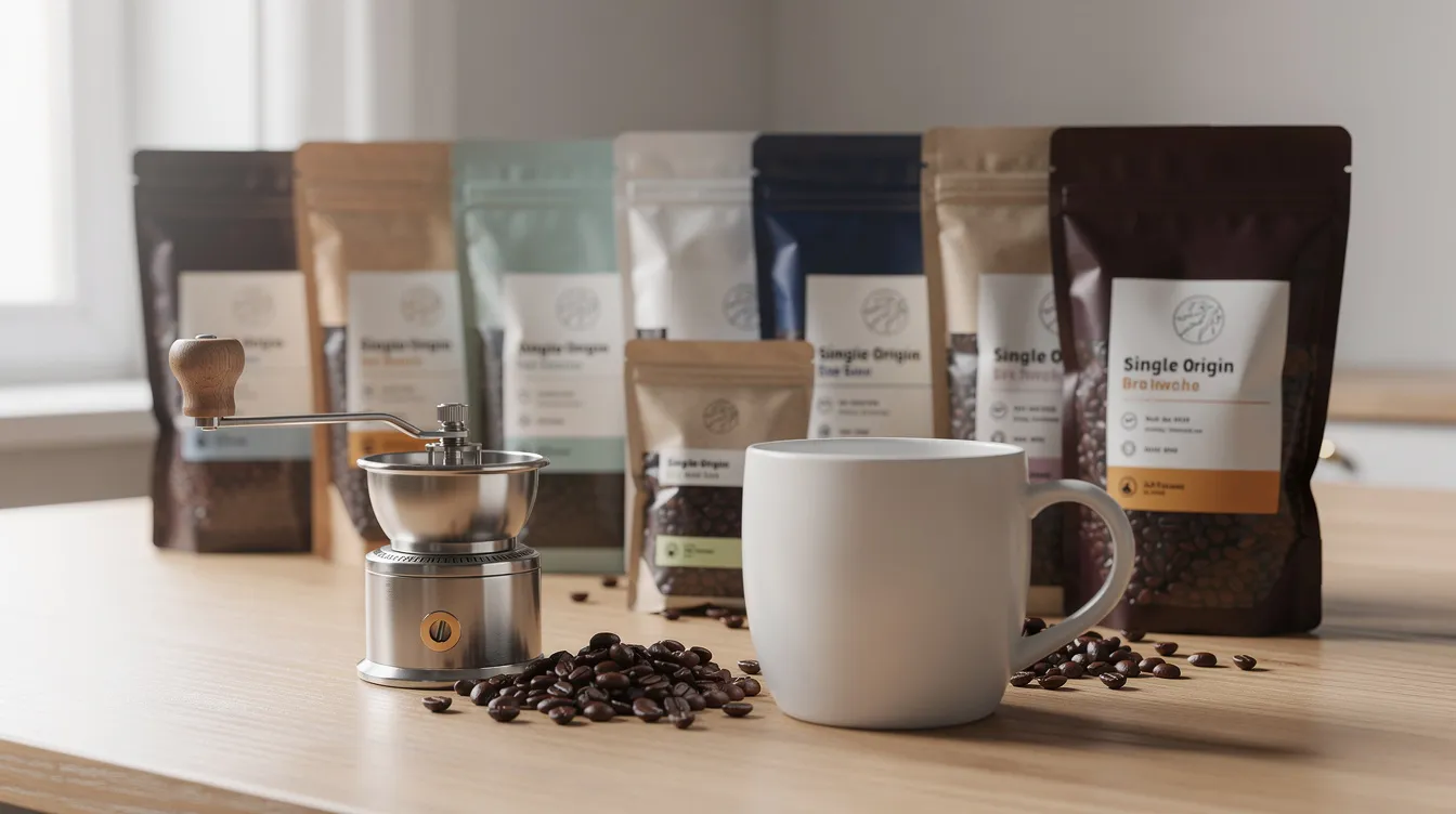 The image features an assortment of bags containing whole bean single-origin coffee, elegantly arranged on a light wooden table alongside a ceramic mug and a hand grinder. This setup highlights the rich aroma and flavor profiles of specialty coffee, appealing to coffee lovers and enthusiasts seeking the best single origin coffee options.