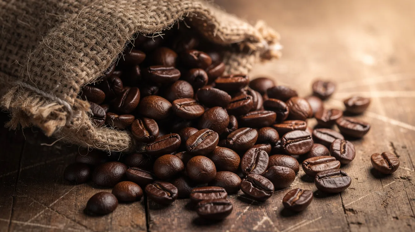 A close-up view of dark roasted coffee beans spilling out of a burlap sack onto a wooden surface, showcasing their rich, full-bodied texture and deep color. This image highlights the essence of great decaf coffee, perfect for coffee lovers seeking a delicious brew without the caffeine.