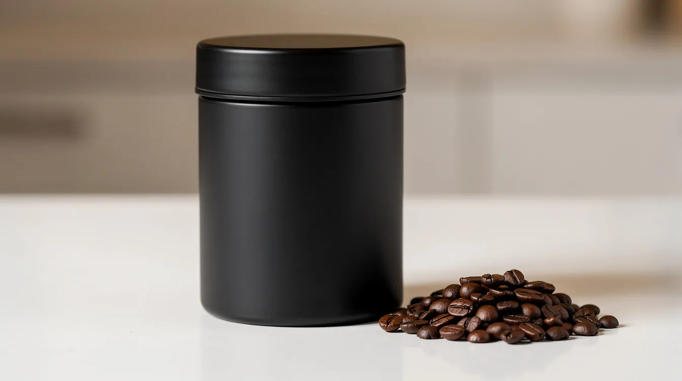 The image features an opaque matte black airtight coffee storage canister placed beside a small pile of freshly roasted whole coffee beans, highlighting the importance of preserving the freshness of specialty coffee for coffee enthusiasts and drinkers alike. The combination suggests a focus on great tasting coffee and the quality associated with top coffee brands.