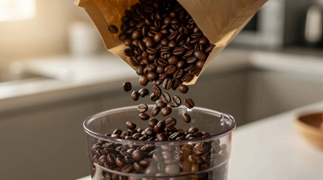A close-up image shows roasted coffee beans being poured from a bag into the hopper of an electric coffee grinder on a kitchen counter, ready for grinding into fresh coffee grounds. The scene captures the essence of the grinding process, essential for coffee lovers seeking the perfect brew.