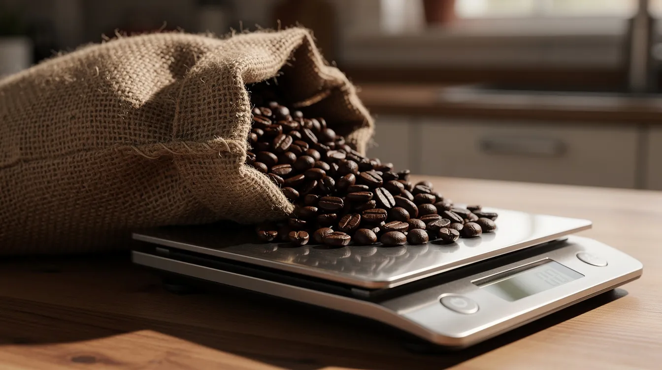 The image shows dark roasted coffee beans spilling from a burlap bag onto a kitchen scale, highlighting the rich aroma and quality of the whole beans. This scene captures the essence of the coffee world, appealing to coffee lovers and drinkers who appreciate the nuances of a good cup.