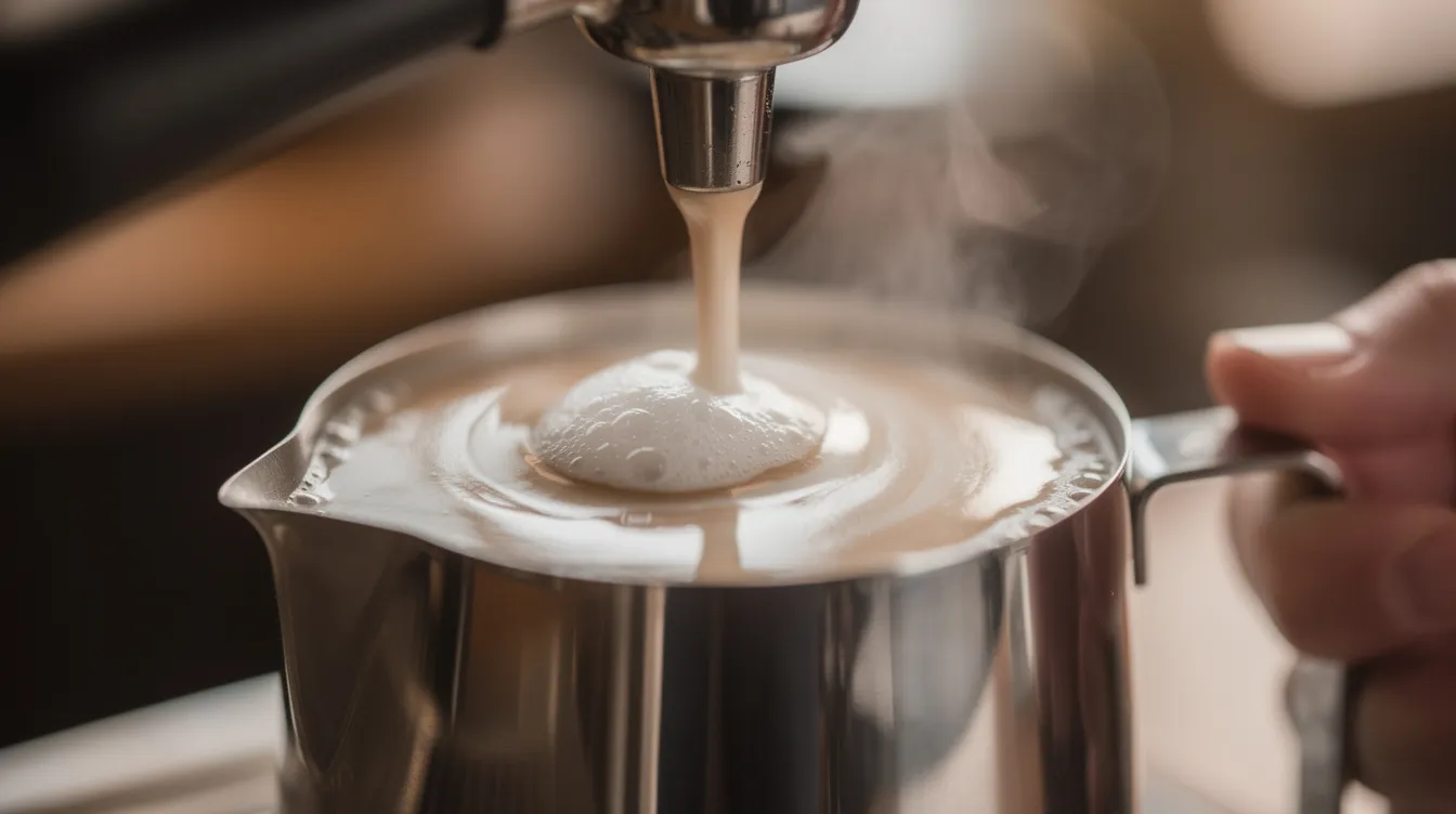 A close-up image shows a steam wand expertly creating silky microfoam in a stainless steel milk jug, ideal for crafting delicious espresso drinks. This process highlights the art of steaming milk, essential for latte art and enhancing the brewing experience with an espresso machine.