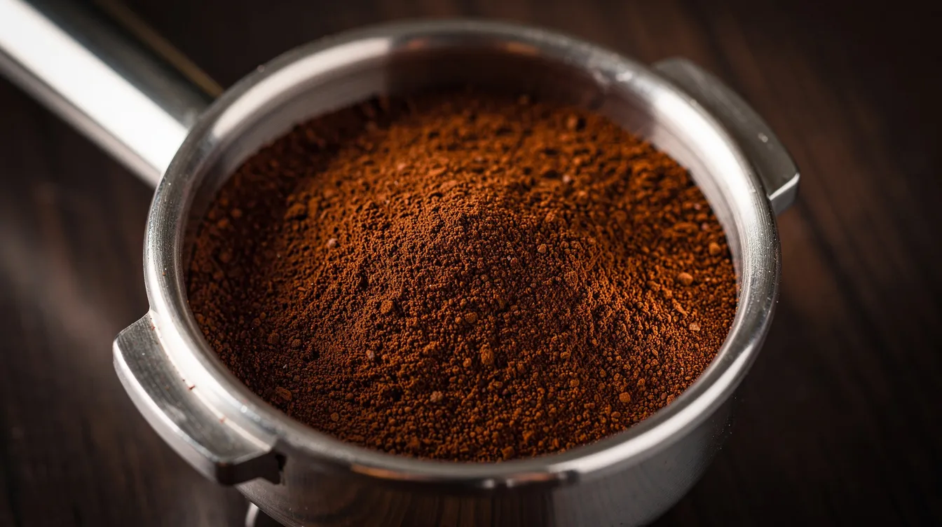 A close-up view of finely ground coffee fills a portafilter basket, showcasing the perfect consistency for espresso preparation. The rich coffee grounds are ready for tamping, highlighting the importance of grind quality for coffee lovers and espresso enthusiasts.