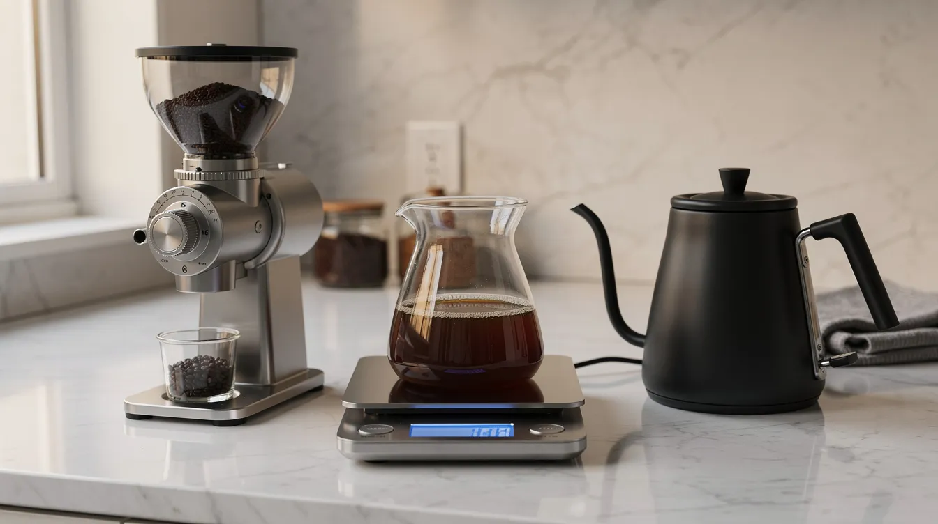 The image depicts a neatly arranged home coffee brewing station featuring a digital coffee scale, a grinder, a kettle, and a glass carafe, all set on a sleek marble countertop. This setup is ideal for brewing coffee, showcasing tools essential for measuring coffee beans and achieving the perfect coffee-to-water ratio.
