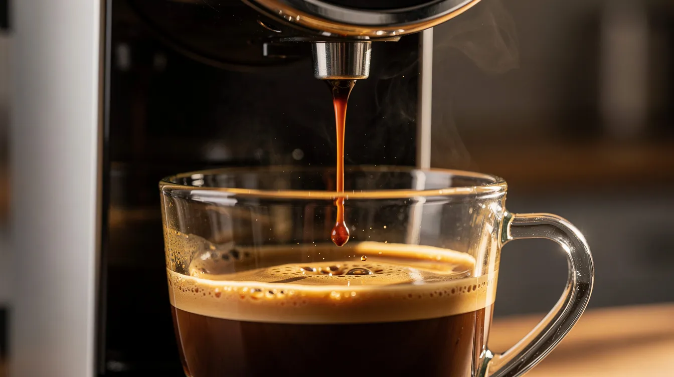 A close-up view of a pod coffee machine in action, with hot coffee dripping from the brewing process into a clear glass coffee mug. The image captures the essence of single serve coffee makers, showcasing the convenience and flavor of freshly brewed coffee.