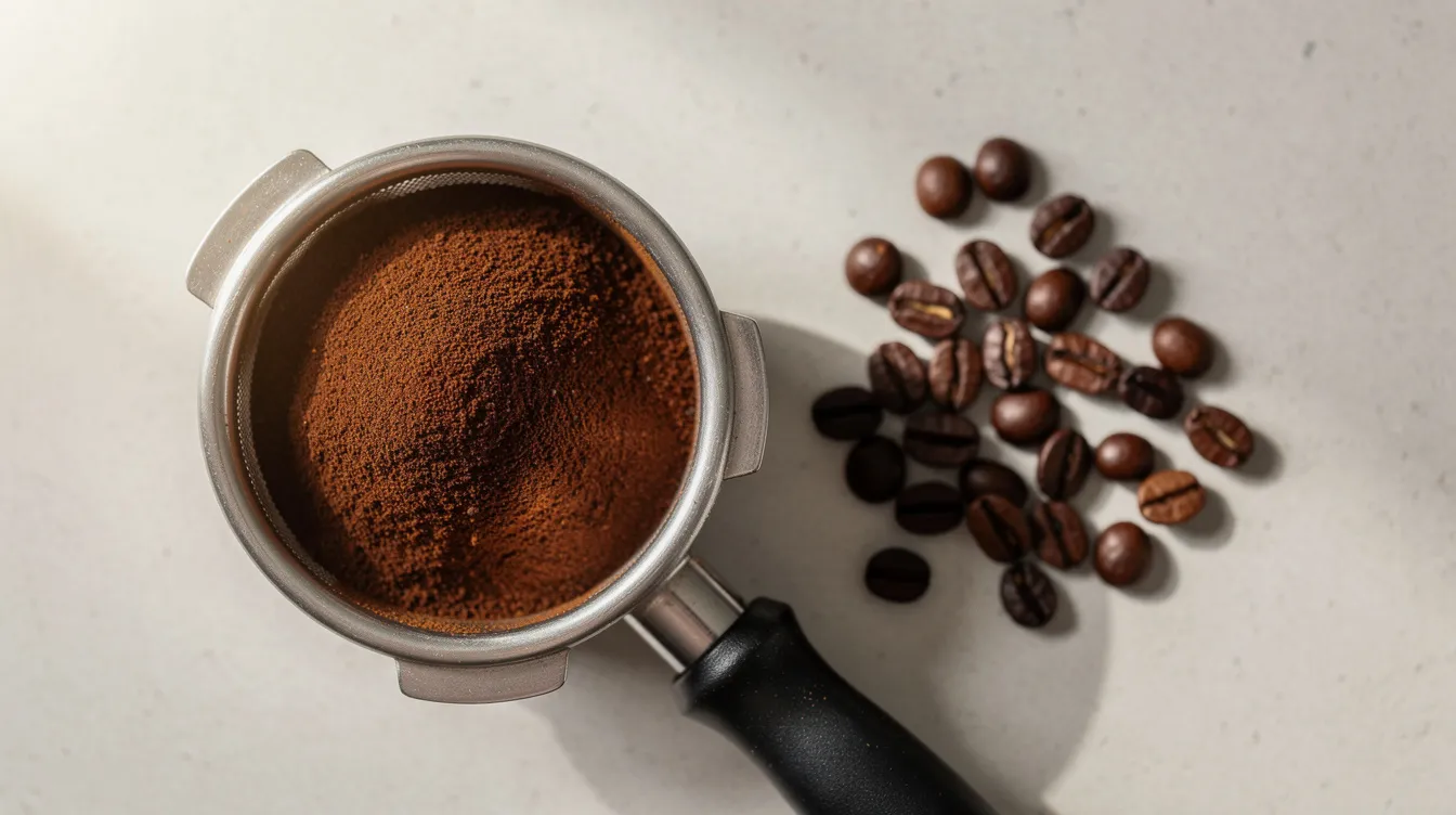 An overhead view showcases a portafilter basket filled with freshly ground coffee, sitting alongside whole coffee beans on a kitchen counter. This image highlights the grinding process, emphasizing the importance of grind consistency for coffee enthusiasts, whether using conical or flat burr grinders for optimal flavor extraction.