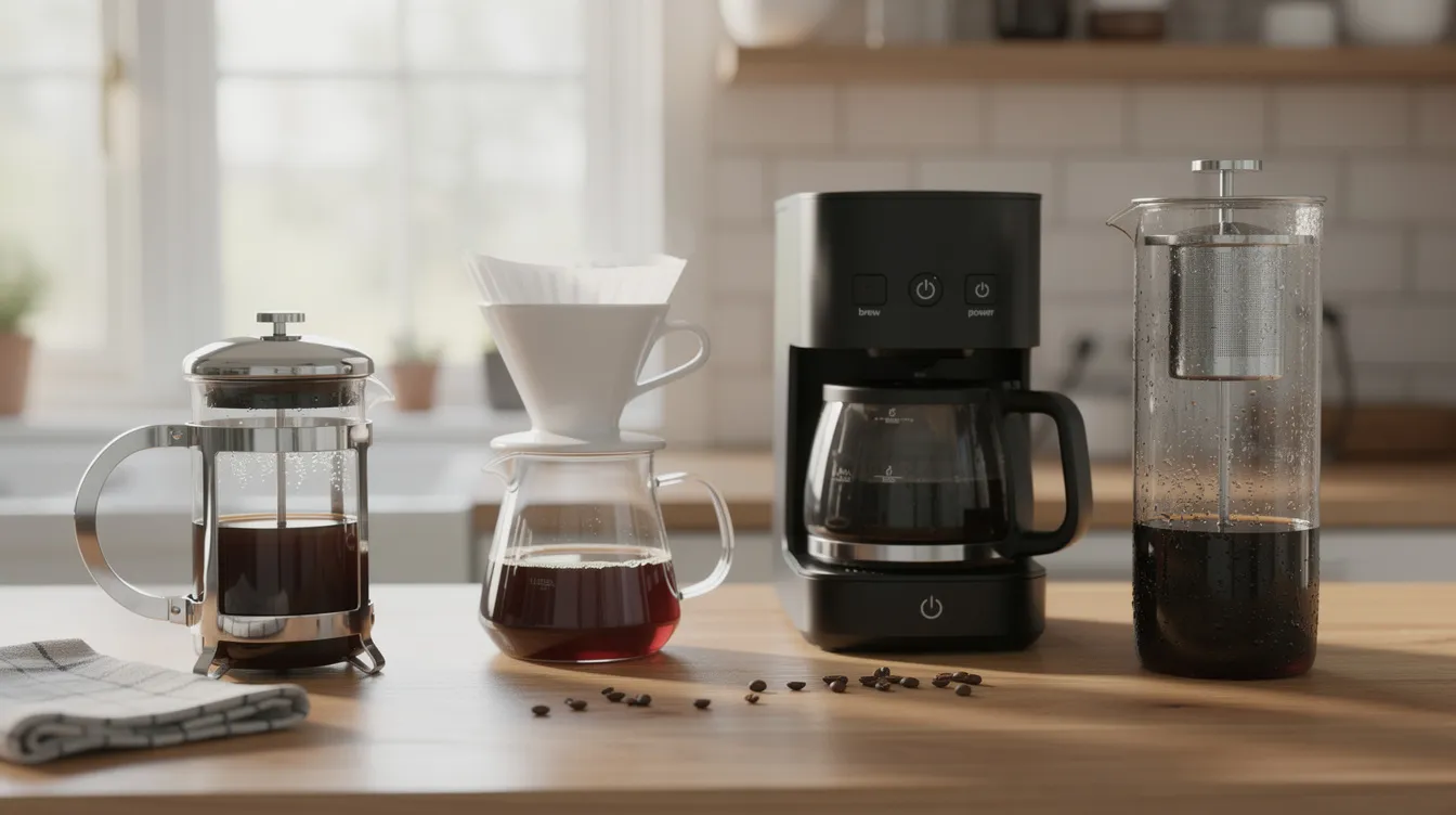 The image showcases four distinct coffee brewing devices on a kitchen counter: a French press, a pour-over dripper, a drip coffee maker, and a cold brew pitcher, each representing different coffee brewing methods. This arrangement highlights the variety of ways to brew coffee, appealing to both beginners and coffee enthusiasts alike.