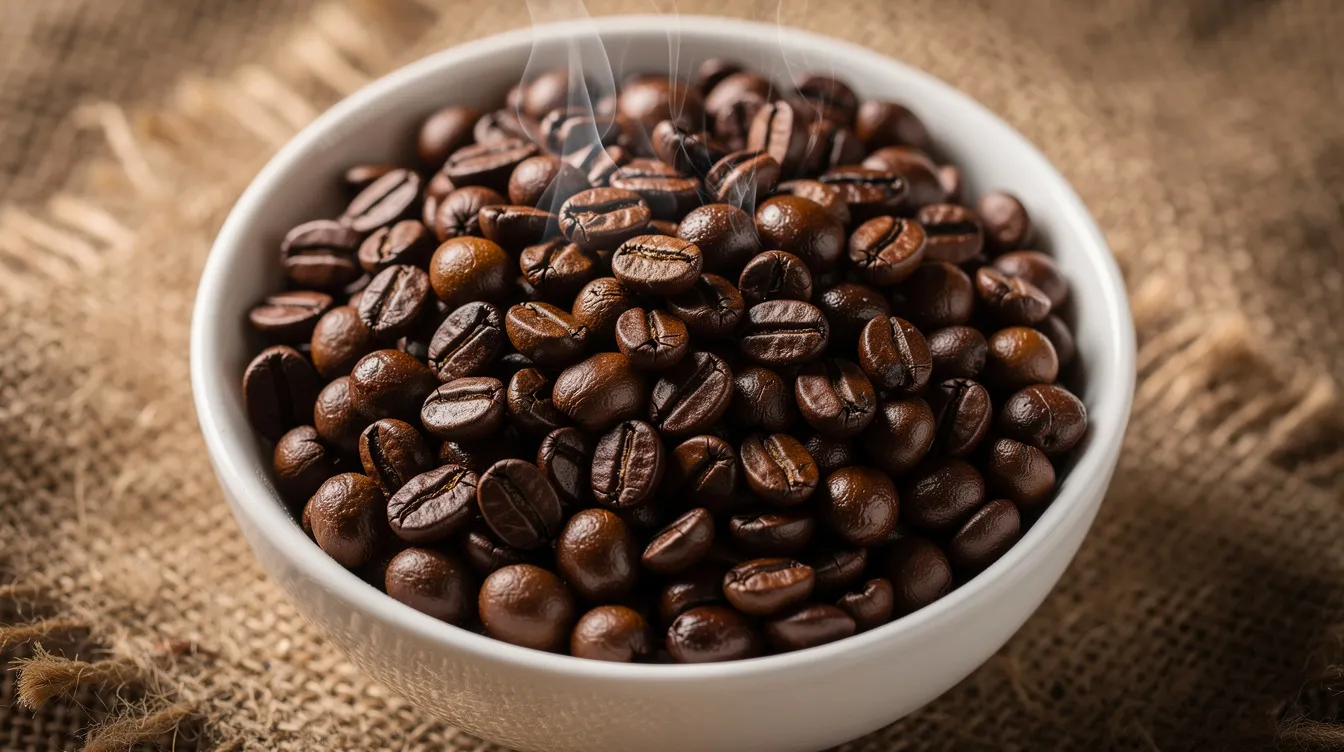 A close-up image showcases freshly roasted dark coffee beans filling a white ceramic bowl, set against a rustic burlap cloth. This visually appealing arrangement highlights the rich texture and color of the beans, which are ideal for those seeking low acid coffee options that are gentle on sensitive stomachs.