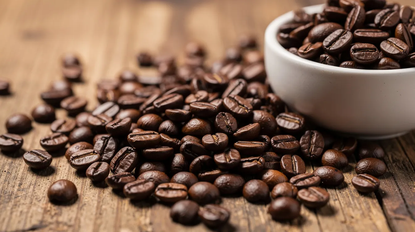 A close-up view of freshly roasted coffee beans scattered on a wooden surface, accompanied by a small ceramic bowl, showcasing the rich texture and color of the dark roast. This image highlights the essence of coffee lovers' passion for quality beans, perfect for brewing with an Aeropress coffee maker.