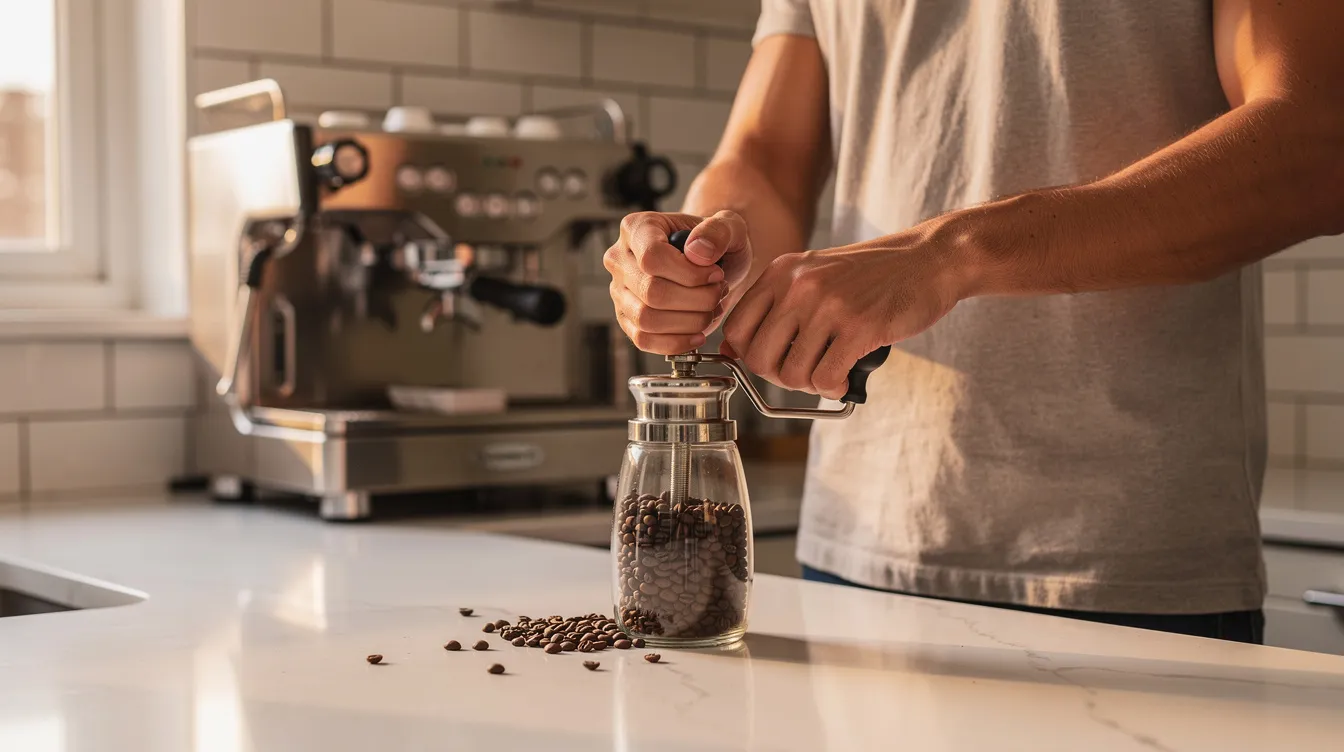 A person is using a burr grinder to grind coffee beans in a modern kitchen, with an espresso machine visible in the background. The scene highlights the importance of grind consistency, as the choice between conical or flat burrs can significantly affect the flavor profile of the coffee.