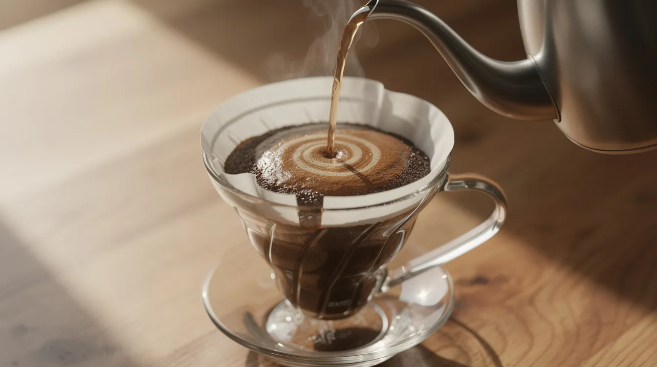 A glass pour-over coffee dripper sits on a wooden counter, with hot water being poured in a slow spiral, creating a flavorful cup of specialty coffee. This brewing method highlights the rich flavors and fruity notes of the best Kenyan coffee beans, perfect for coffee lovers and connoisseurs alike.