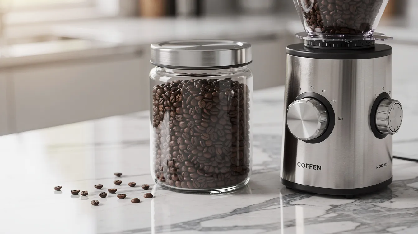 The image features an airtight glass coffee canister filled with freshly roasted coffee beans, positioned next to a burr grinder on a sleek marble countertop, ideal for coffee lovers who appreciate great coffee. This setup is perfect for those who enjoy specialty coffee and want to grind their beans for a delicious morning cup.
