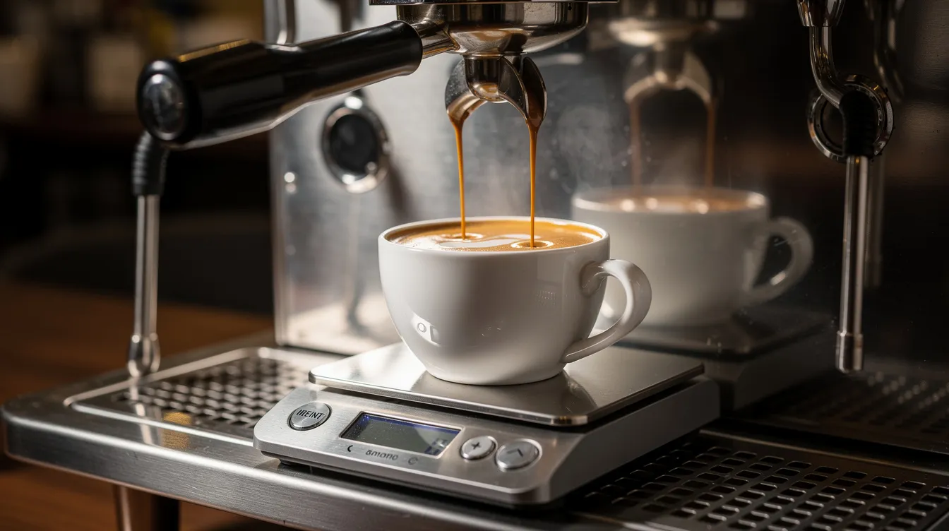 An espresso shot is dripping from a portafilter into a white cup positioned on a compact coffee scale, which is resting on a drip tray. The setup highlights the coffee making process, showcasing the precision of measuring espresso with an accurate scale.