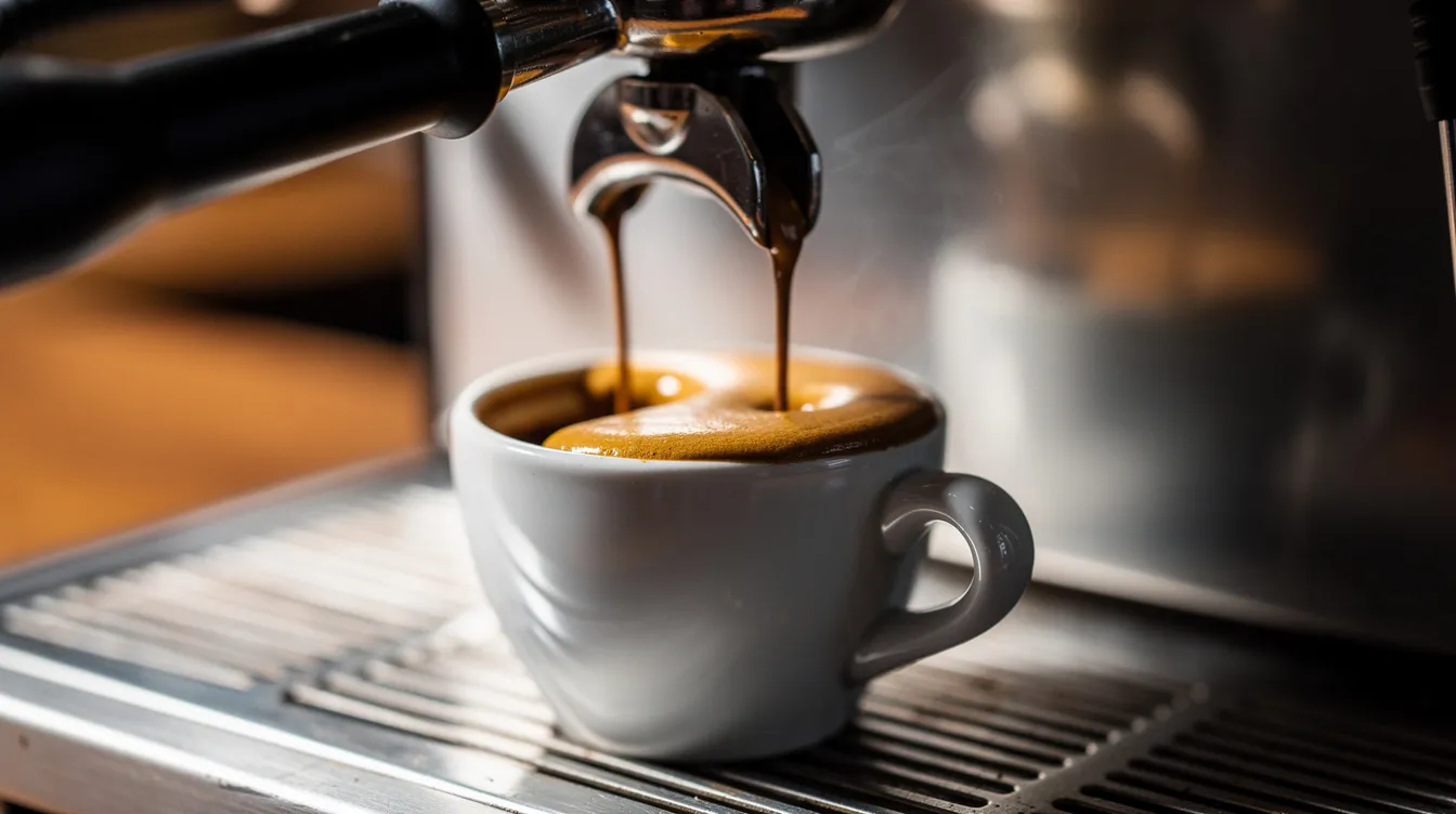 An espresso machine is pulling a shot of rich dark roast coffee, creating a layer of dark crema on top as it fills a small white ceramic cup. The scene captures the brewing process, showcasing the bold flavors and aroma associated with dark roast beans.