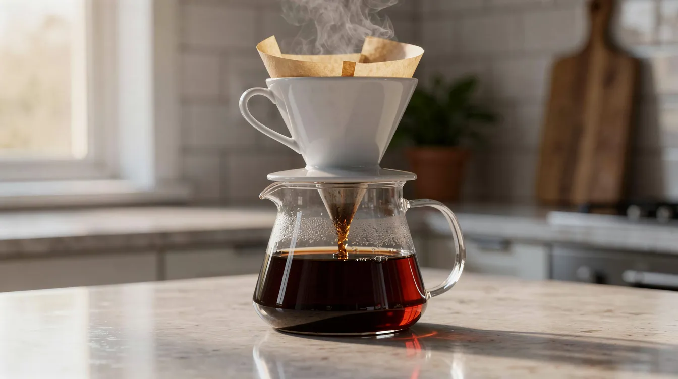 A pour-over coffee dripper sits on a kitchen counter, with steam rising from a glass carafe below, suggesting the brewing of a fresh cup of coffee. This method highlights the importance of selecting high-quality coffee beans to achieve a balanced flavor profile and enhance the tasting notes in your daily cup.