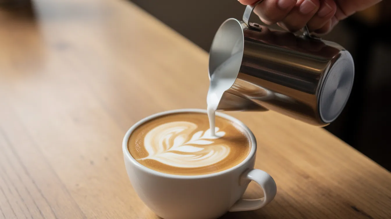 A hand is pouring steamed milk from a milk jug into a ceramic cup of espresso, creating an intricate latte art pattern on the surface. The scene highlights the artistry involved in espresso making, showcasing the skill of a barista using an espresso machine.