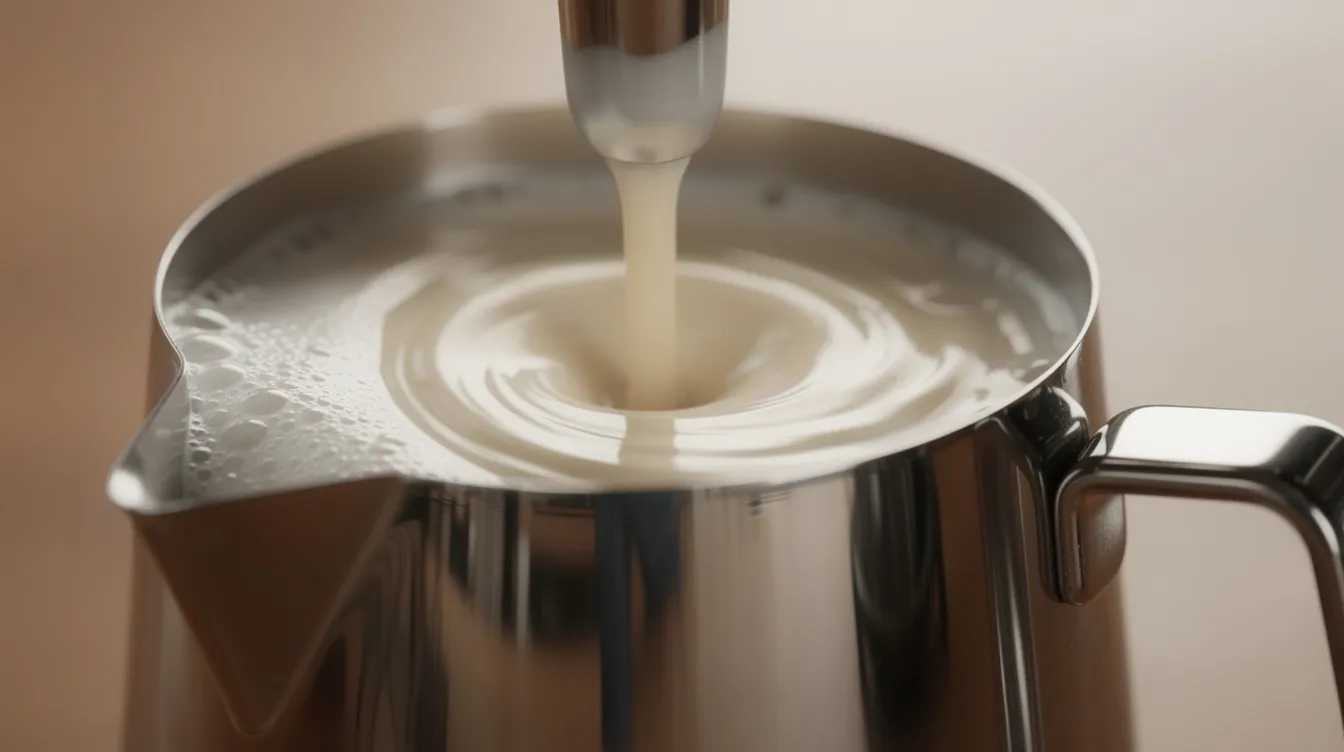 A close-up image shows a manual steam wand texturing milk in a stainless steel milk jug, creating a swirling vortex of microfoam, ideal for crafting latte art. This technique is essential for achieving high-quality milk frothing, often used with the best home espresso machines for a perfect coffee experience.