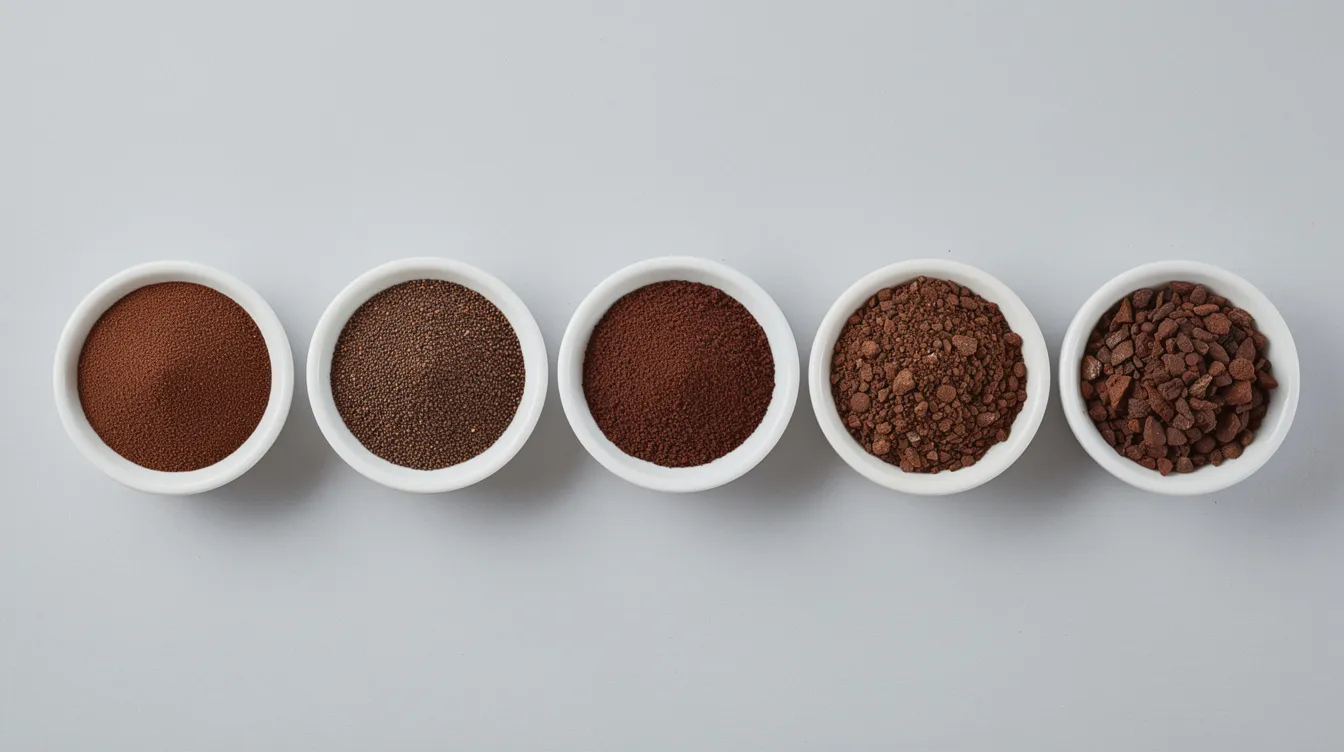 An overhead view shows seven small white bowls lined up in a row, each filled with ground coffee of varying coarseness, ranging from flour-fine to very chunky. This coffee grind size chart visually illustrates different grind consistencies, which are essential for various brewing methods like french press and cold brew.