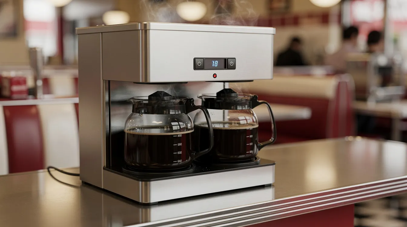 The image depicts a simple commercial drip coffee maker featuring glass carafes placed on warming plates, set in a cozy diner environment. This essential equipment for hospitality businesses ensures quick and efficient brewing of coffee, catering to customers' needs throughout the day.
