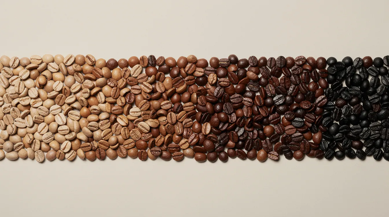 The image showcases a gradient of roasted coffee beans, transitioning from a pale light roast to a dark, oily roast, highlighting the rich diversity of coffee cultivation and the coffee industry. This arrangement reflects the various stages of coffee production, celebrating the history of coffee and its global journey from ancient coffee forests to modern coffee houses.