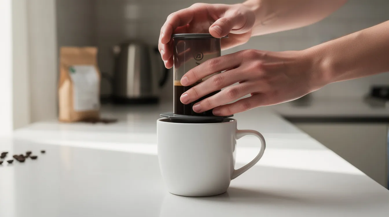 The image shows hands pressing down an AeroPress plunger onto a ceramic mug, with coffee grounds already prepared inside the brew chamber. This method is a popular way to brew coffee, allowing for a rich and full-bodied cup with just the right steep time.