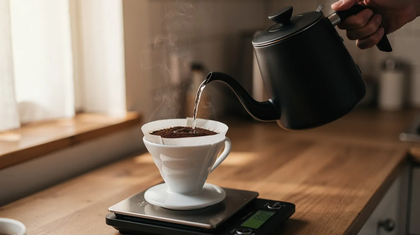 A hand is pouring hot water from a gooseneck kettle into a pour-over coffee dripper, which is placed on a kitchen scale, ready to brew a fresh cup of Sumatra coffee with its bold flavor and earthy notes. The scene captures the careful preparation process that coffee lovers appreciate, highlighting the art of brewing a rich and full-bodied cup.