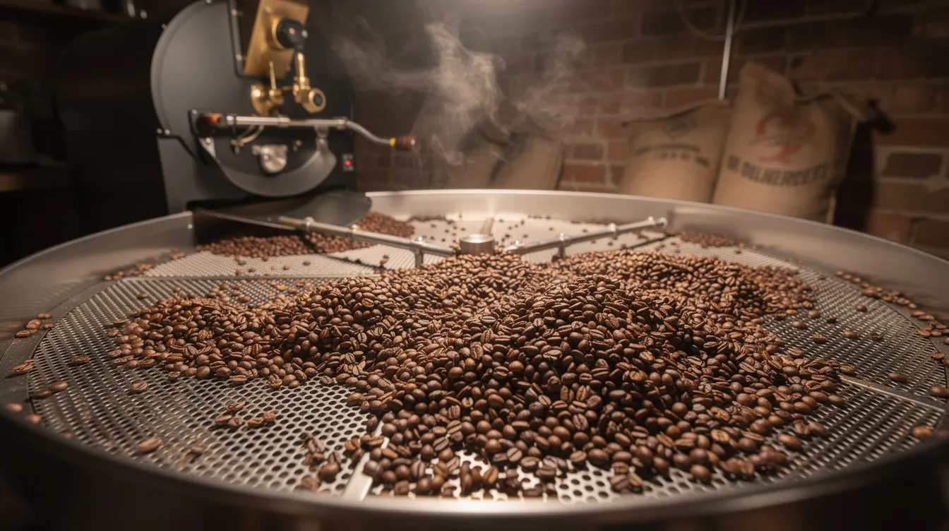The image shows freshly roasted coffee beans cooling on a metal tray in a small batch roastery, highlighting the artisanal process of specialty coffee production. This scene captures the essence of great coffee, appealing to coffee lovers who appreciate the intricacies of freshly roasted coffee.