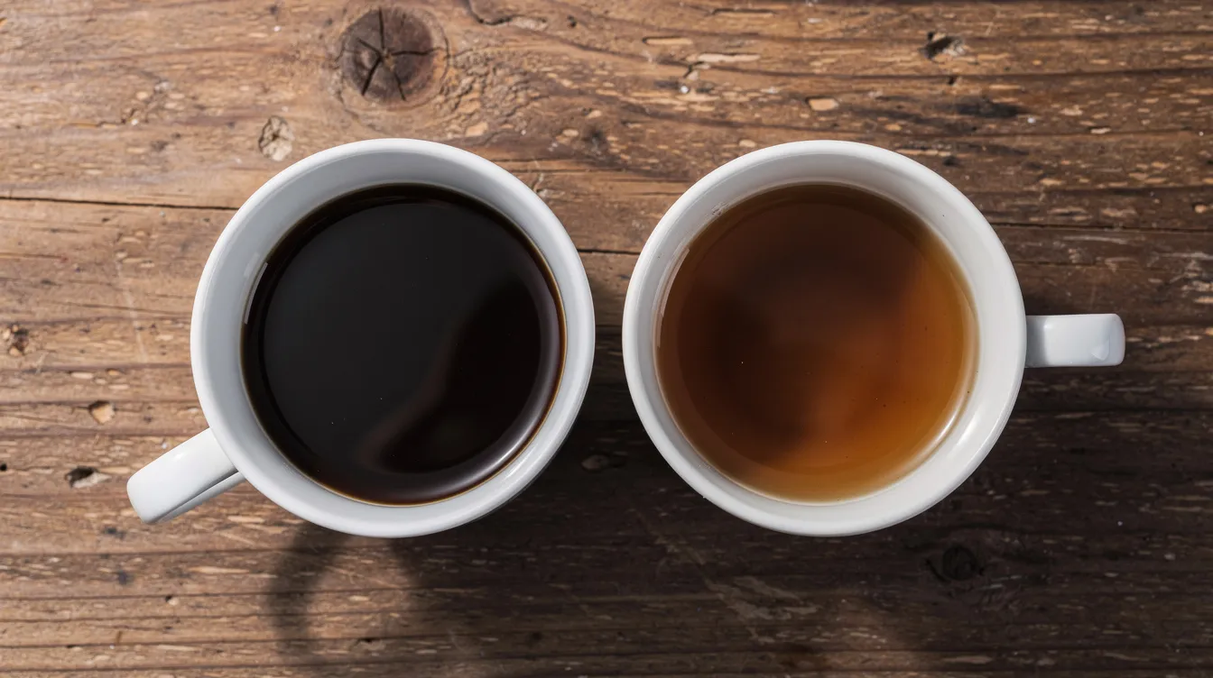The image shows two ceramic cups of black coffee resting on a wooden table, viewed from above; one cup features a darker brew while the other is lighter, highlighting the diverse flavor profiles often found in Indonesian coffee, such as Sumatra and Bali coffee. The contrasting colors of the coffee may suggest different roasting techniques or origins, inviting a deeper exploration of specialty coffee.