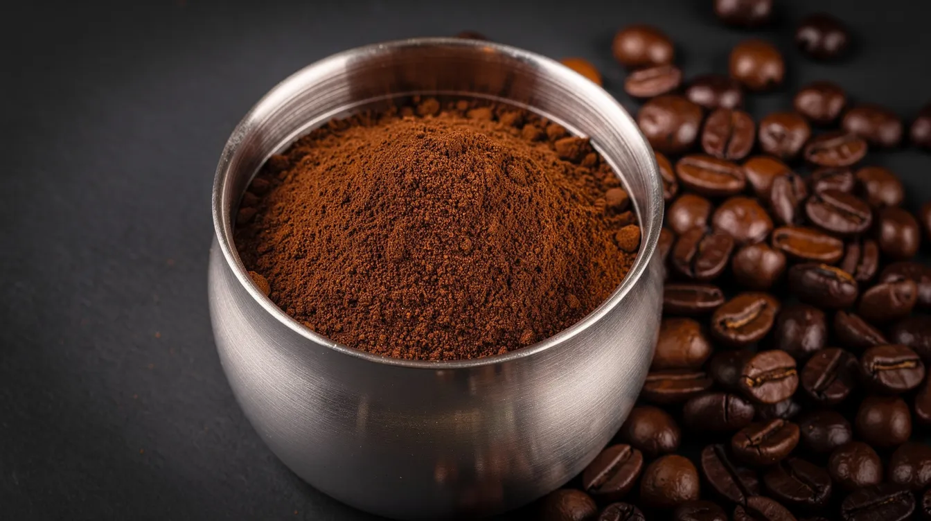 A close-up image shows freshly ground coffee in a metal container, with coffee grounds spilling slightly next to scattered whole coffee beans on a dark surface. This scene highlights the grind quality and consistency achieved by a high-quality grinder like the Fellow Ode Gen 2, perfect for brewing various coffee methods.