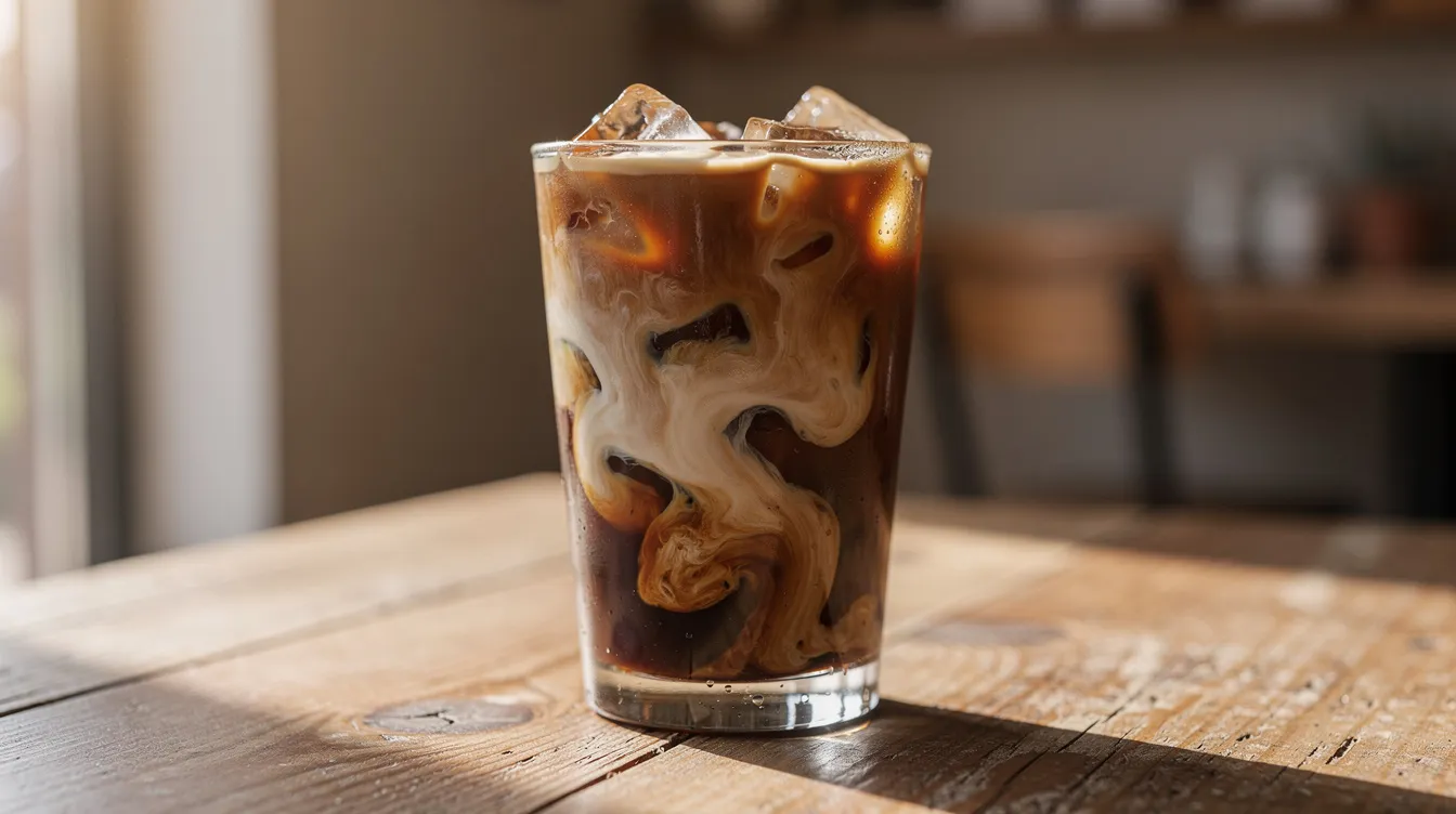 A glass of iced coffee with milk swirling through it is placed on a wooden table, illuminated by warm daylight, creating a refreshing and inviting scene for coffee drinkers. The drink showcases the beautiful blend of colors, highlighting the delicious coffee experience perfect for latte lovers.