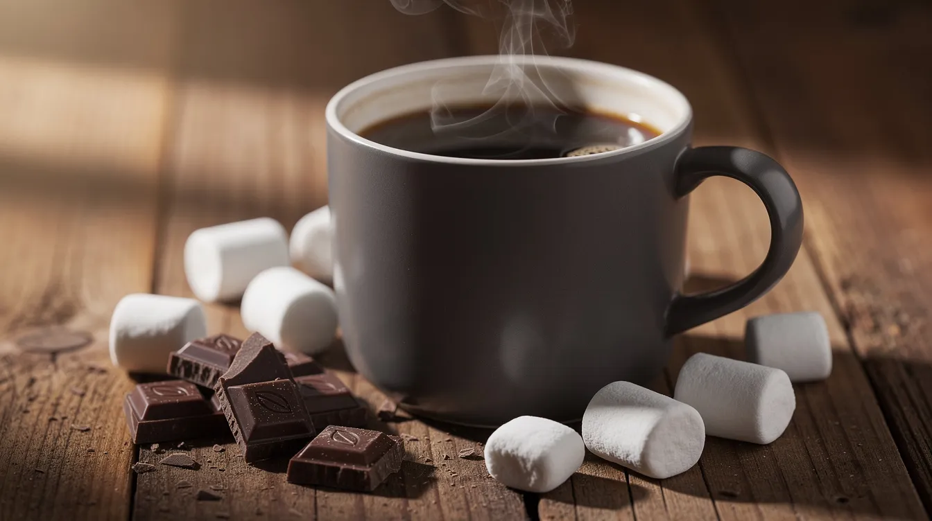 A steaming mug of dark roast coffee sits on a wooden table, surrounded by scattered pieces of milk chocolate and fluffy marshmallows, creating a cozy setting perfect for coffee lovers. The rich aroma of this specialty coffee blend invites you to enjoy a delightful experience with every sip.