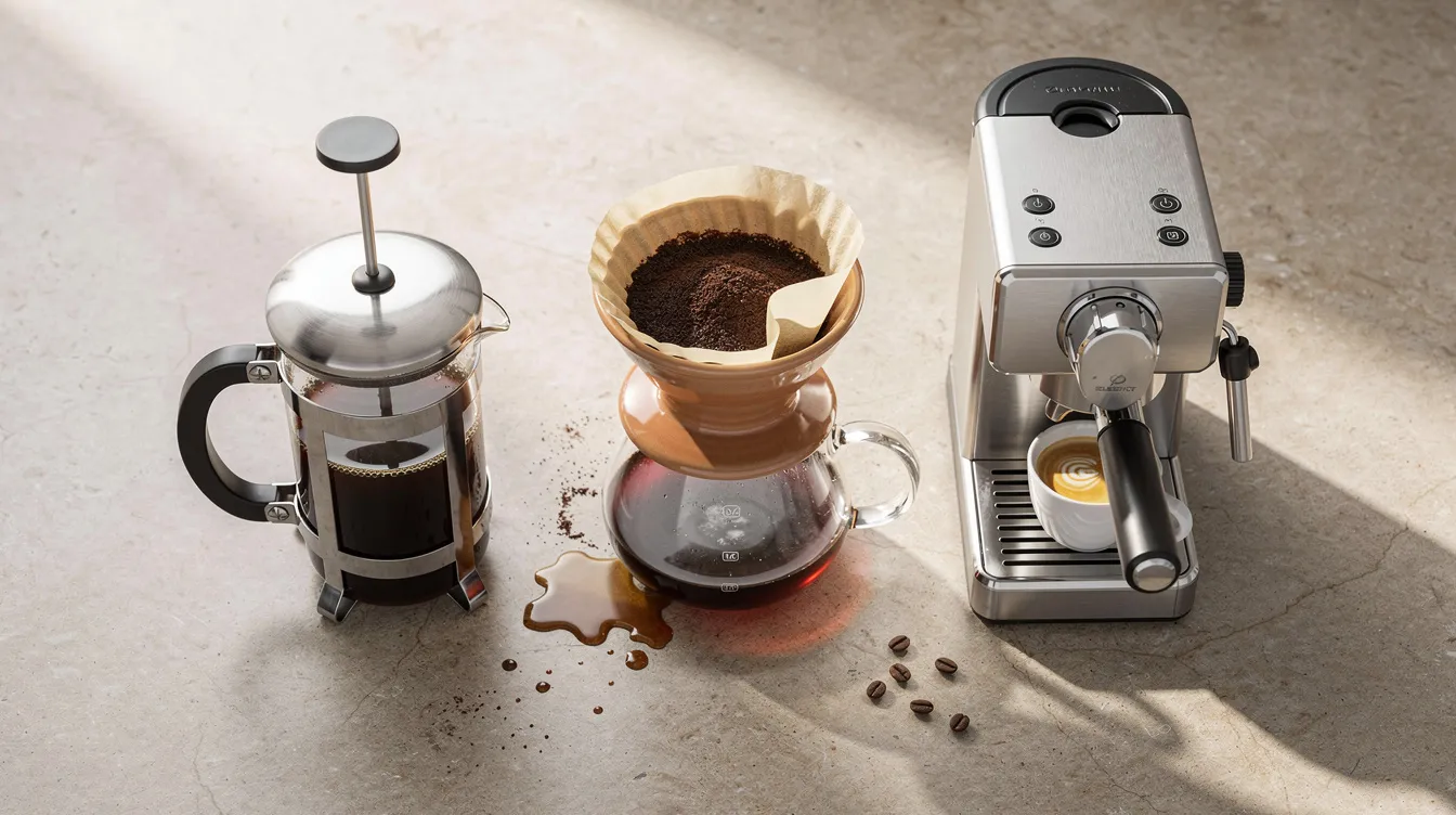 An overhead view of a kitchen counter showcases a French press, a pour-over dripper, and a small espresso machine neatly arranged side by side, perfect for coffee lovers exploring different brewing methods and the nuances between single origin coffee and blend coffee. The setup invites the creation of delicious cups with unique flavors from various coffee beans.