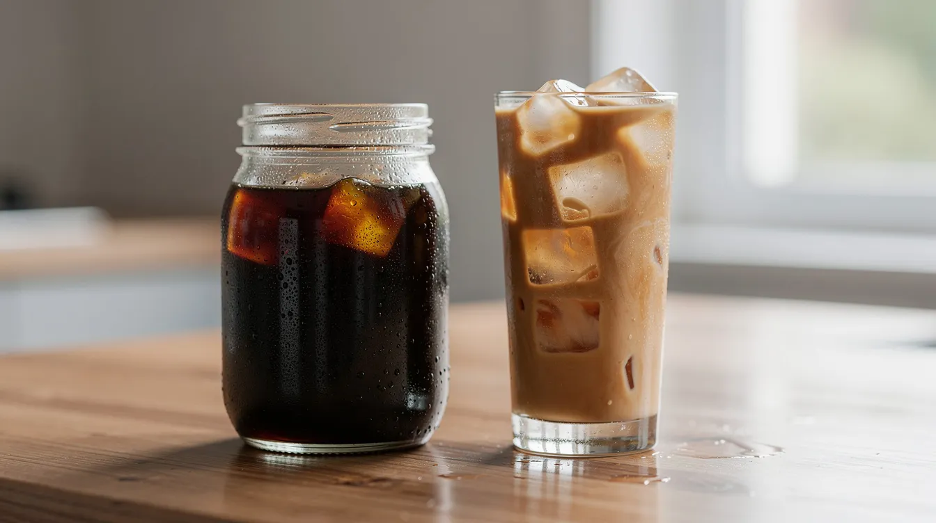 The image shows a glass jar filled with cold brew coffee concentrate alongside a tall glass of iced coffee filled with ice cubes. This refreshing setup highlights different coffee brewing methods, perfect for enjoying a chilled coffee drink.